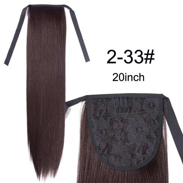 Leeons 20'' Synthetic Ponytail Hair pieces Heat Resistant Fiber Straight Ribbon Clip In Hair Extension 21 colors Brown Black 2 33 Drawstring