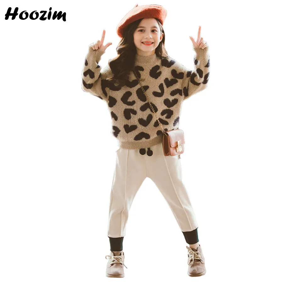 

High Street Suit Sor Girls 3-11Age Cute Knitted Cotton Velvet Leopard Sweater+Pencel Drawstring Waist Pants Set Children Winter