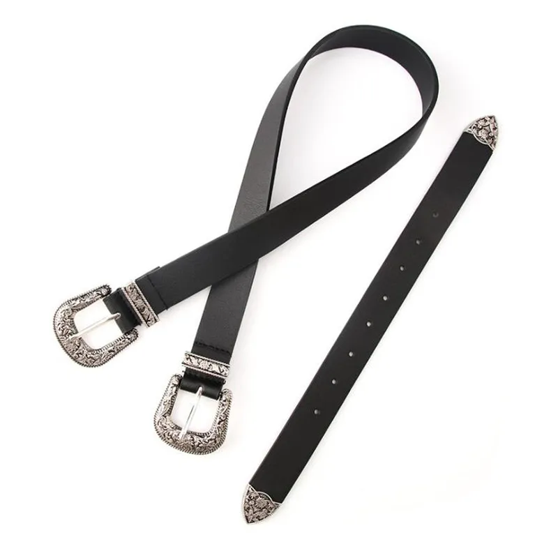 

High Quality Vintage Women Boho Metal PU Leather Belts Ladies Black Brown Coffee Double Buckle Waist Belt Waistband Female