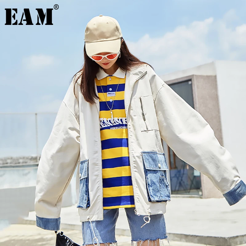 

[EAM] Loose Fit Pocket Hit Color Spliced Oversize Denim Jacket New Lapel Long Sleeve Women Coat Fashion Autumn Winter 2019 1A431