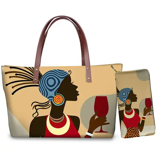 カスタムモードハンドトートバッグ黒人女性アートアフリカ財布 ハンドバッグ女性2ピース セット高級ショルダーバッグ女性のためのビーチバッグ 旅行バッグ Aliexpress