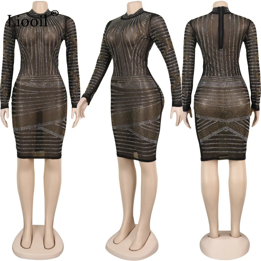 Liooil Rhinestone Mesh Bodycon Mini Dress Sexy Club Wear Long Sleeve O Neck See Through Black Tight Dresses Woman Party Night