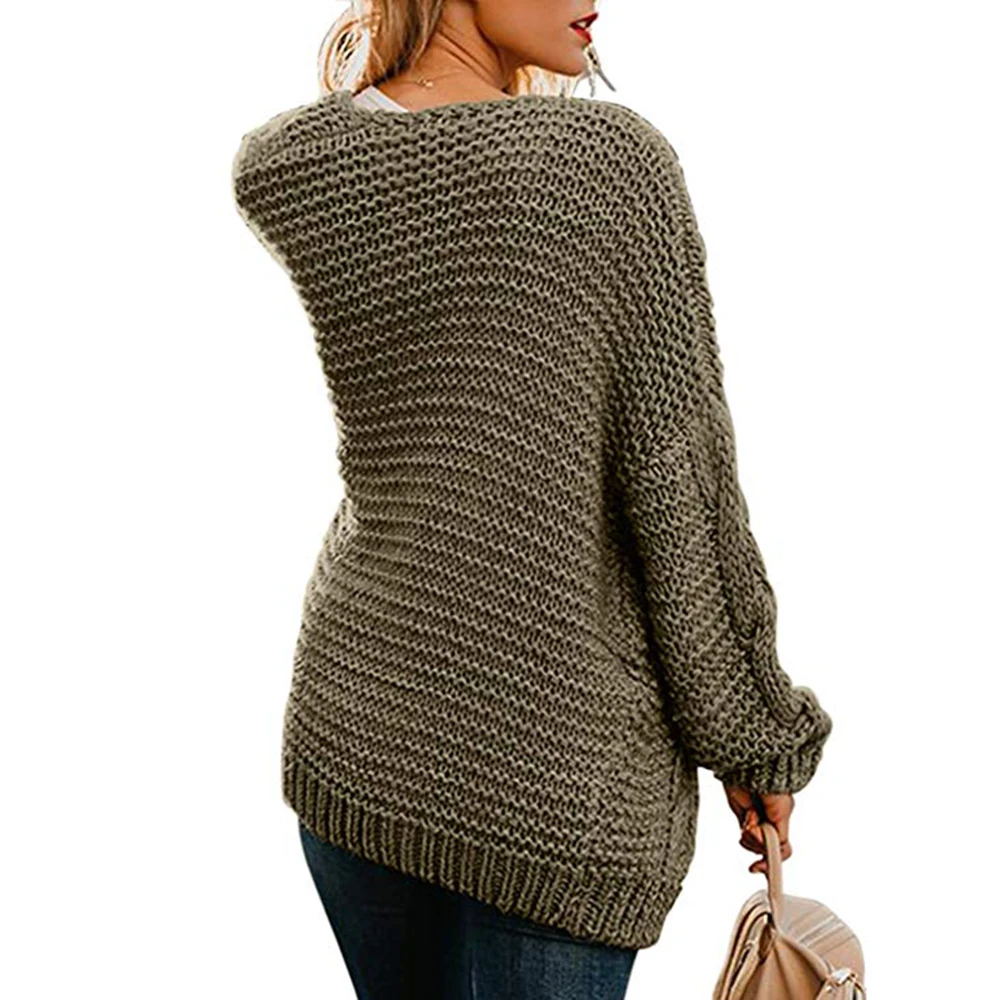 Для женщин твист монотонный Кардиган крупной вязки свободный свитер большого размера зимние топы Для женщин вязаный свитер, свободного кроя, Топ