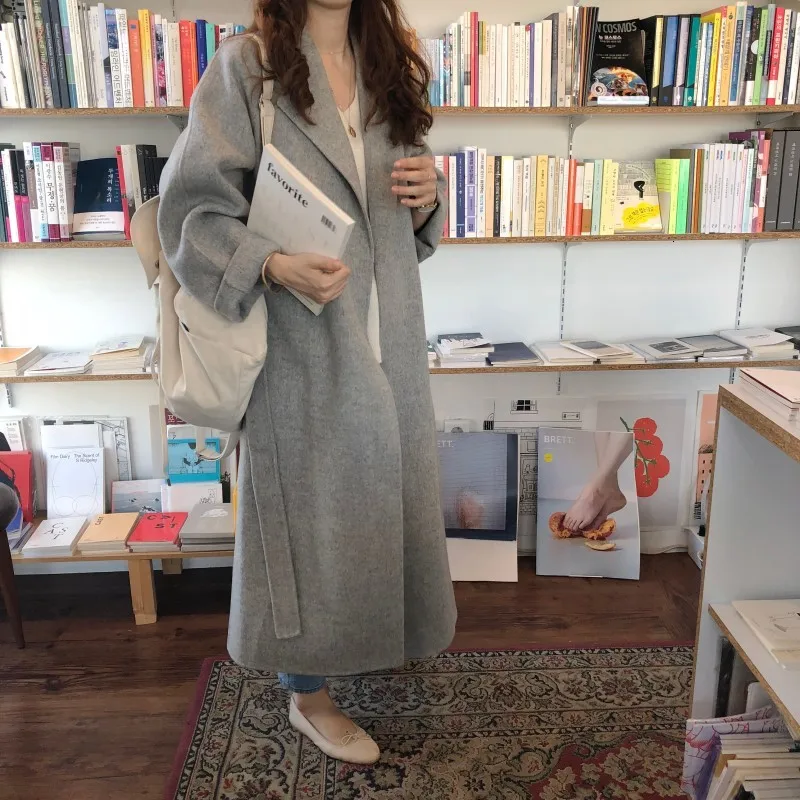SHENGPALAE, новинка, модное пальто свободного кроя с отложным воротником и поясом, женское повседневное пальто в Корейском стиле, однотонное, высокое манто для женщин FT805