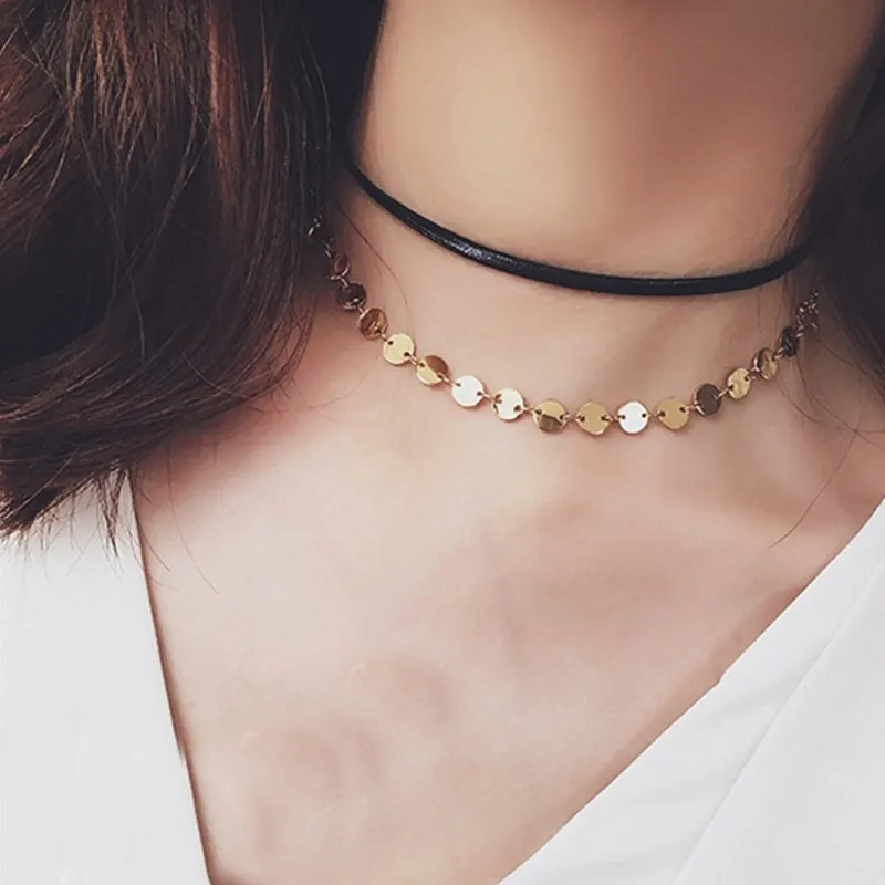 

2019 Fashion Simple Vintage Glittering Gold Color Metal Round Wafer Chain Choker Necklaces for Women Wedding Party Jewelry Gift
