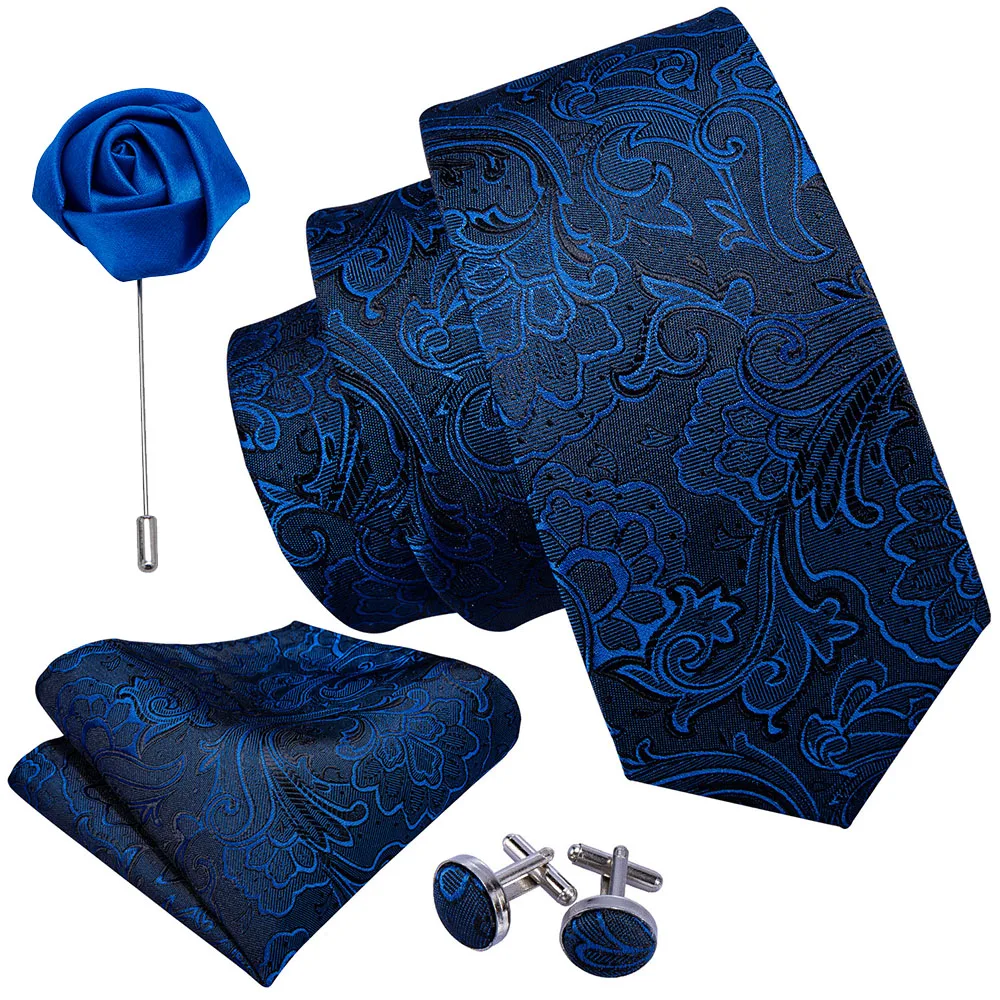 

Men Tie Set Blue Paisley Wedding Silk Necktie Brooch Handkerchief Cufflink Fashion Designer Barry.Wang Ties For Men Groom Gift
