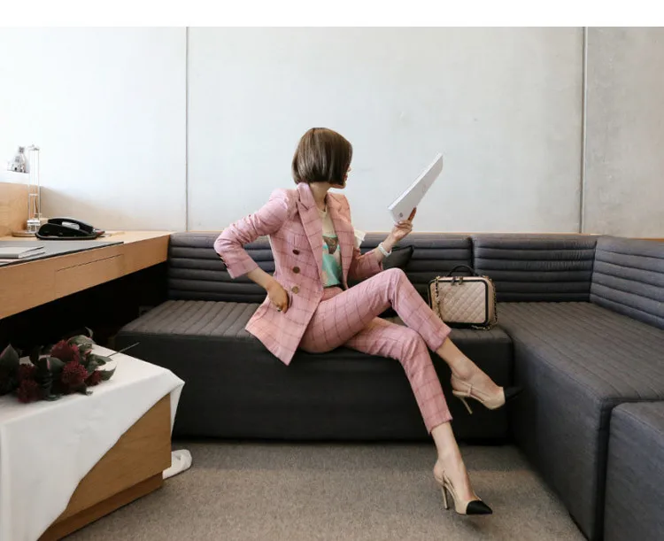 Брендовый Женский комплект со штанами, женский двубортный костюм из смесовой ткани, пальто и брюки-карандаш, офисный Женский комплект из 2 предметов