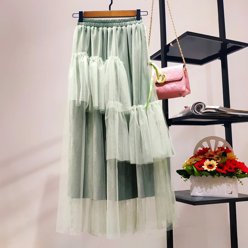 Эластичная юбка из тюля с высокой талией, Женская юбка-пачка с неровным подолом, летняя юбка макси с оборками, разноцветная Лоскутная юбка