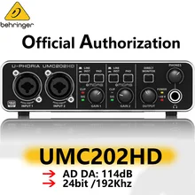 Behringer umc202hd interface de áudio placa som guitarra elétrica gravação ao vivo externo profissional focusrite scarlett 2i2