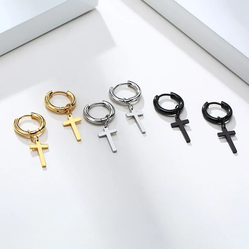 Stainless Steel Earring with Cross Charm for Guys Men's Jewelry - Image 6