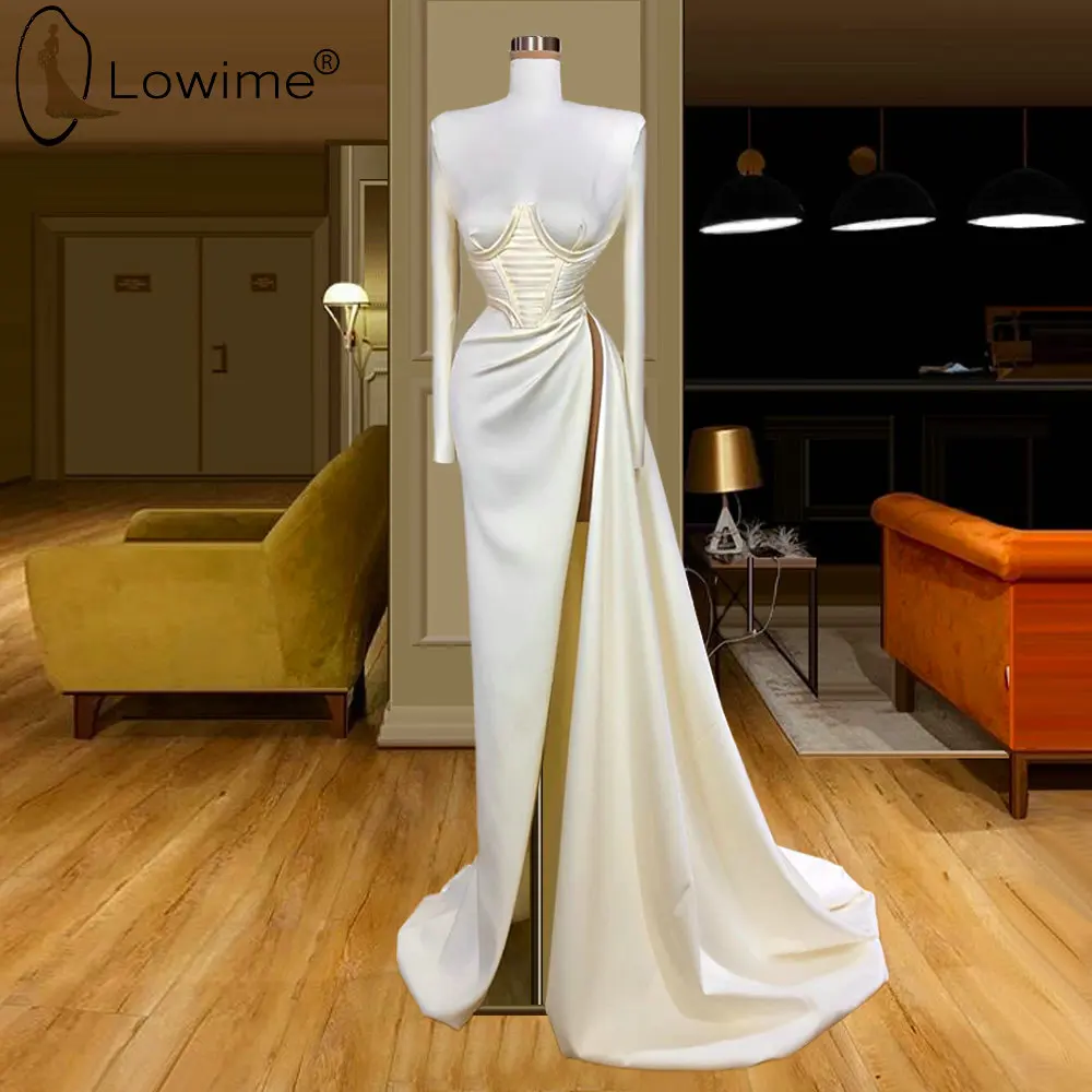 

Arabic Style See Boning High Neck Evening Dresses Mermaid Muslim Long Sleeve Evening Gowns Sexy Split Dress