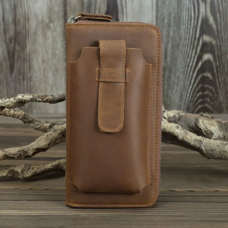 GO-LUCK Brand Crazy Horse Genuine Leather Cell Phone Pouch Case Men Zipper Daily Clutch Wallet Men's Cowhide Cardholder Purse - Цвет: Yellow brown