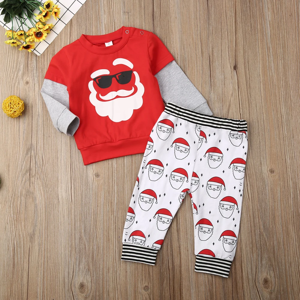 Коллекция года, весенне-осенняя одежда для малышей, для маленьких мальчиков и девочек, Рождественский свитер с длинными рукавами и изображением Санты, штаны, одежда, От 1 до 6 лет