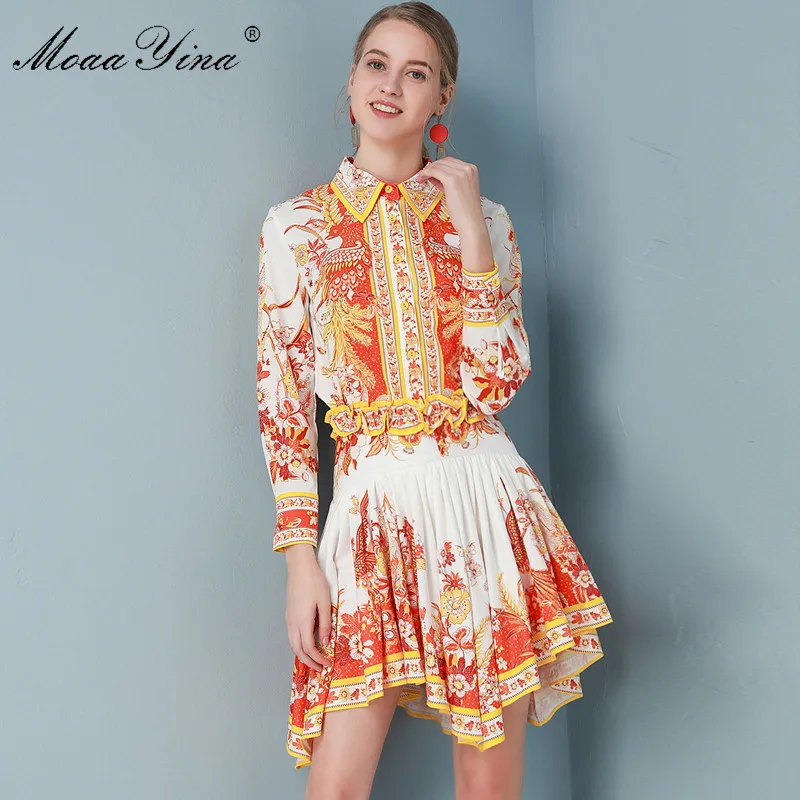 MoaaYina Fashion Designer Set Spring Summer Women Long sleeve Vintage Print Shirt Tops+Asymmetrical skirt Two-piece set | Женская одежда