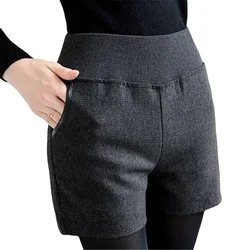 Senhora casual bolso inverno oversized sólida shorts mulher plus size primavera outono cintura elástica alta em linha reta grosso fino curto