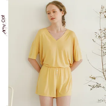 

2020 Summer Modal Solid Color and V-neck Short Sleeved Shorts Pajamas Suit Loose Casual Women Home Clothes 2 Piece Sleepwear