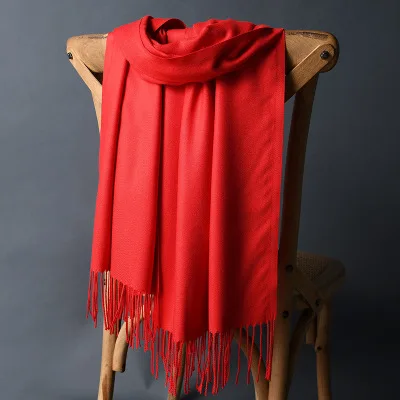 250 г шерстяной женский шарф, шаль, брендовый дизайнерский зимний кашемировый шарф для женщин, одноцветное пончо с кисточками, Пашмина, длинный палантин - Цвет: Red Scarf