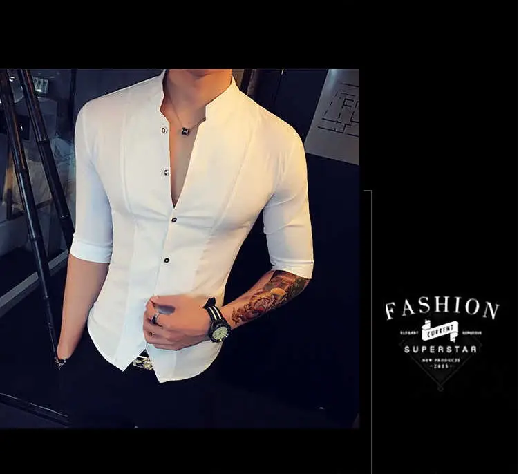 Camisa de estilo chino de cuello alto para hombres ropa de Corea de ajuste delgado para hombres de media manga