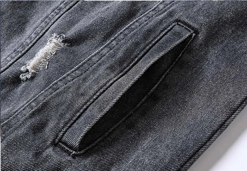 Men Fashion Ripped Jeans Jackets Outwear Letter Printed Distressed Denim Jackets Clothing For Male Black (2)