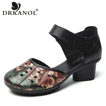 

DRKANOL 2020 Summer Women Sandals Print Flowers Genuine Leather Thick Heels Sandals Woman Casual Shoes Sandalias Mujer Size 41