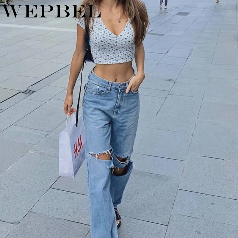 

WEPBEL Summer Fashion Solid Color Hole Loose Jeans Women's Casual Washed Vintage High Waist Denim Wide Leg Pants