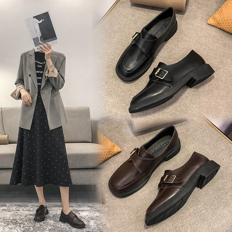 

Loafers Women's 2020 Spring New Style Students Slip-on Small Leather Shoes Women Flat Chunky-Heel Square Head Shallow Mouth Sing