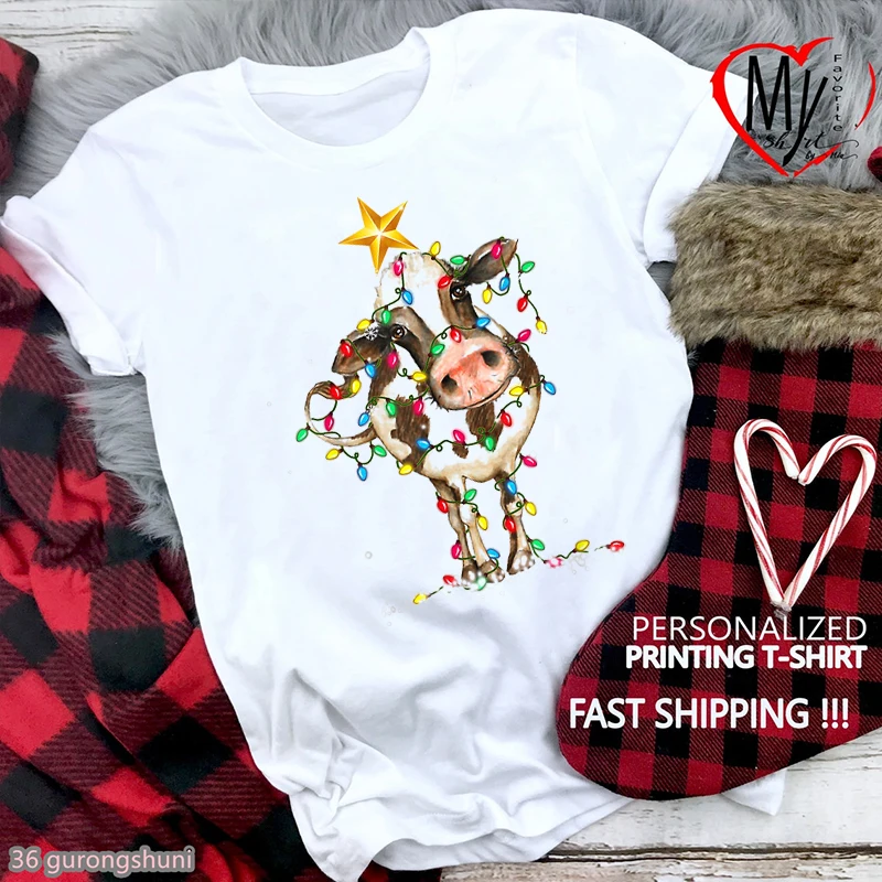 

2022 Hot Sale Merry Christmas Gift T-Shirt For Girls Kawaii Mouse/Pug/Cow/Unicorn Print Tshirt Women Funny T Shirt Femme Tops