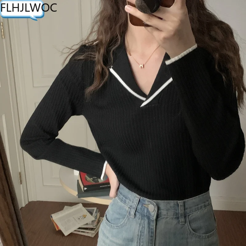 

Chic Korean Femme Tops Women Fashion Winter Spring Basic Wear Jumpers Solid Knitted Pullovers Short Sweaters