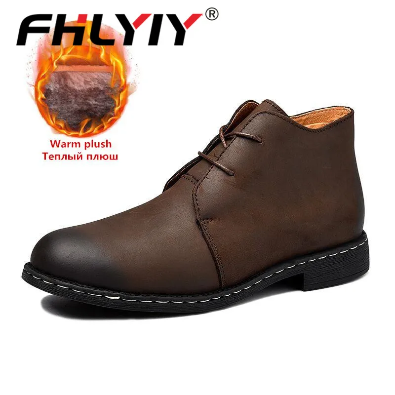 Fur Brown Fhlyiy/Новые брендовые зимние теплые мужские ботинки на меху; большие размеры 38-47; винтажные мотоботы; Мужская обувь; Зимние ботильоны из натуральной кожи - Цвет: Fur Brown