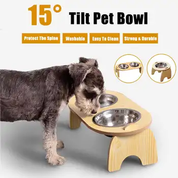 

15 Degree Cute Pets Double Bowl Dog Cat Food Water Feeder Stand Raised Ceramic Dish Bowl Wooden Table Pet Supplies