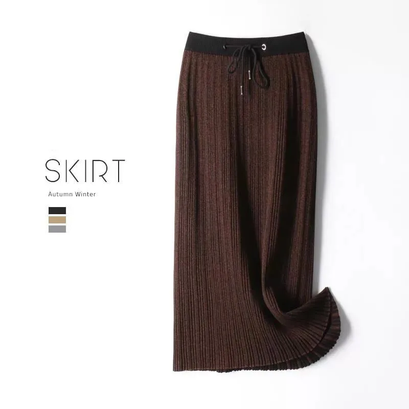 Autumn and winter large size women's skirt pleated skirt skirt female knit skirt - Цвет: Коричневый