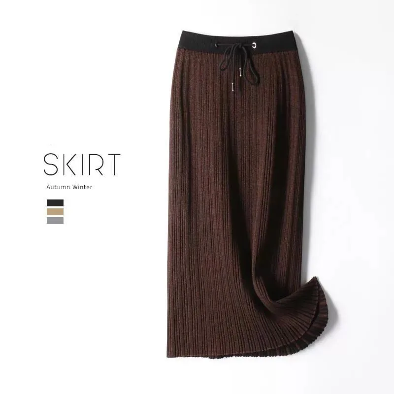 Коричневый Autumn and winter large size women's skirt pleated skirt skirt female knit skirt - Цвет: Коричневый