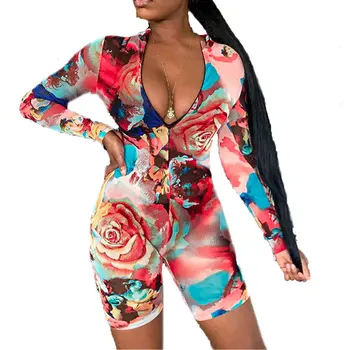 

Women's Slim Elastic Playsuit, Deep V Long Sleeve Flower Print Jumpsuit, Short Pants One-piece for Club, Party