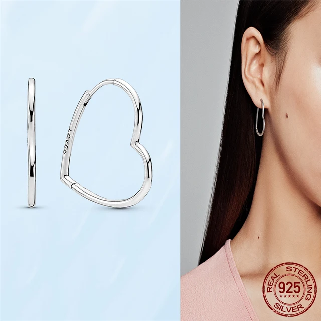 Silver Earrings Real 925 Sterling Silver Asymmetrical Heart Hoop Earrings for Women Fashion Silver Earring Jewelry Gift PAE001