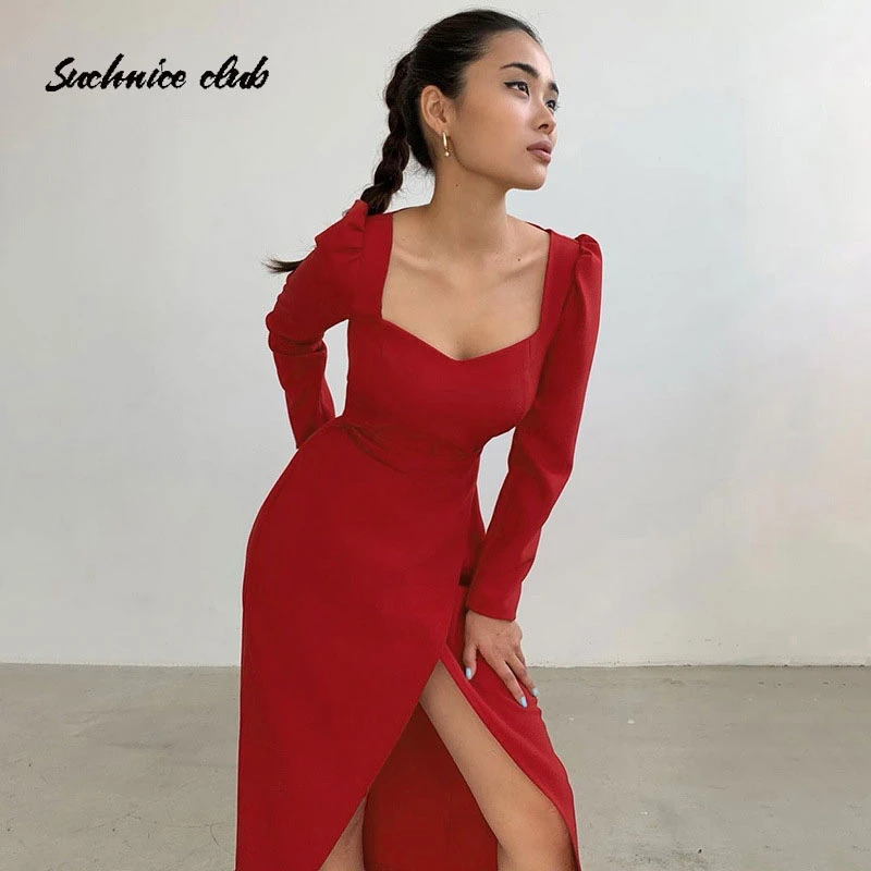 Sexy Long Sleeve Split Slim Dress ...