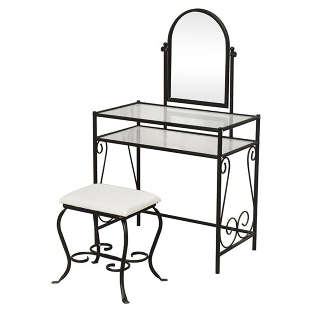 

Dresser Table Mirror With Chair Set Vanity Table Dressing Table Simple Iron Dresser with Square Dressing Stool Black