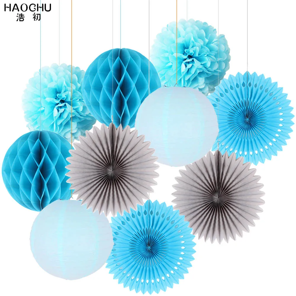 Blue 10 шт. Розовая бумага, набор украшений, бумажные вееры, круг, сотообразный светильник-шар, Цветочный помпон, детский день рождения, вечеринка, свадьба, душ, Декор - Цвет: Blue