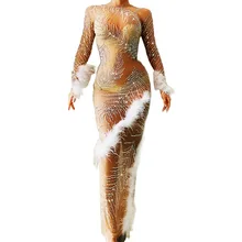 

Fashion Net Yarn Transparent Feather Women Dresses Skinny Elastic Asymmetrical Long Dress Evening Prom Outfit Nightclub Costumes
