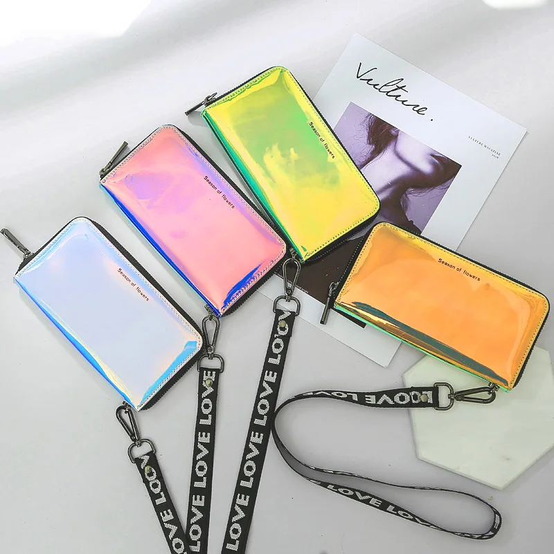 New Lanyard Laser Holographic Wallet Women Long Purse Female Clutch Bag Women Wallets Purses Zip Phone Pocket