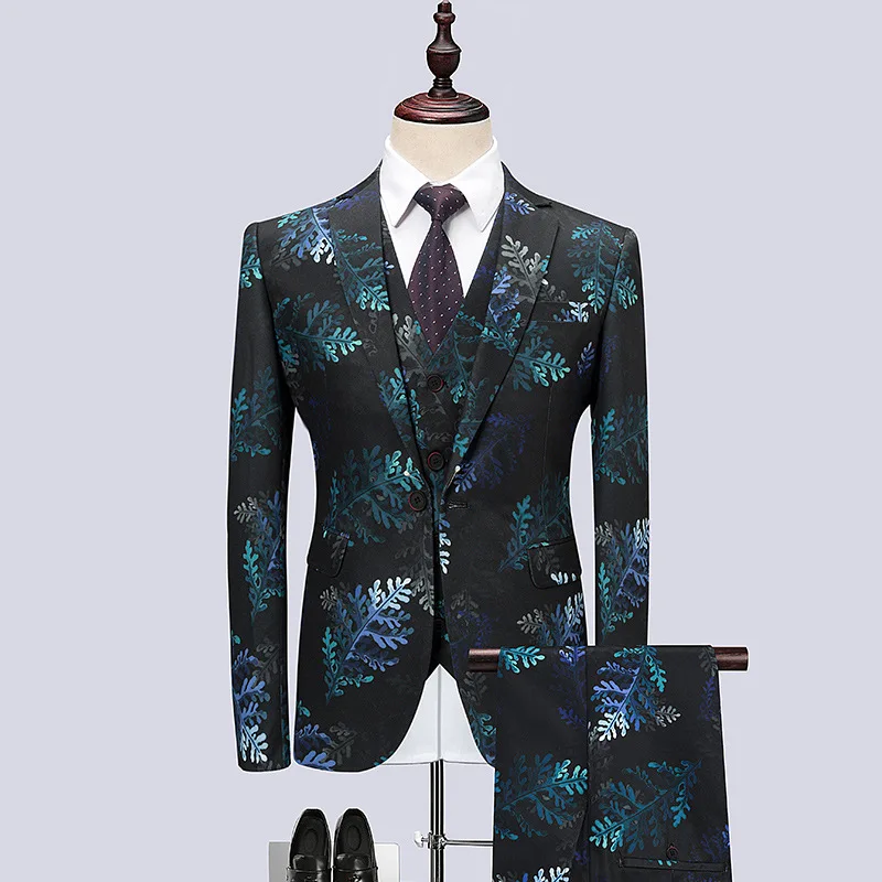 

Men's suits men's new suit three-piece suit (jacket + pants + vest) men's printed business dress wedding groom groomsmen dress