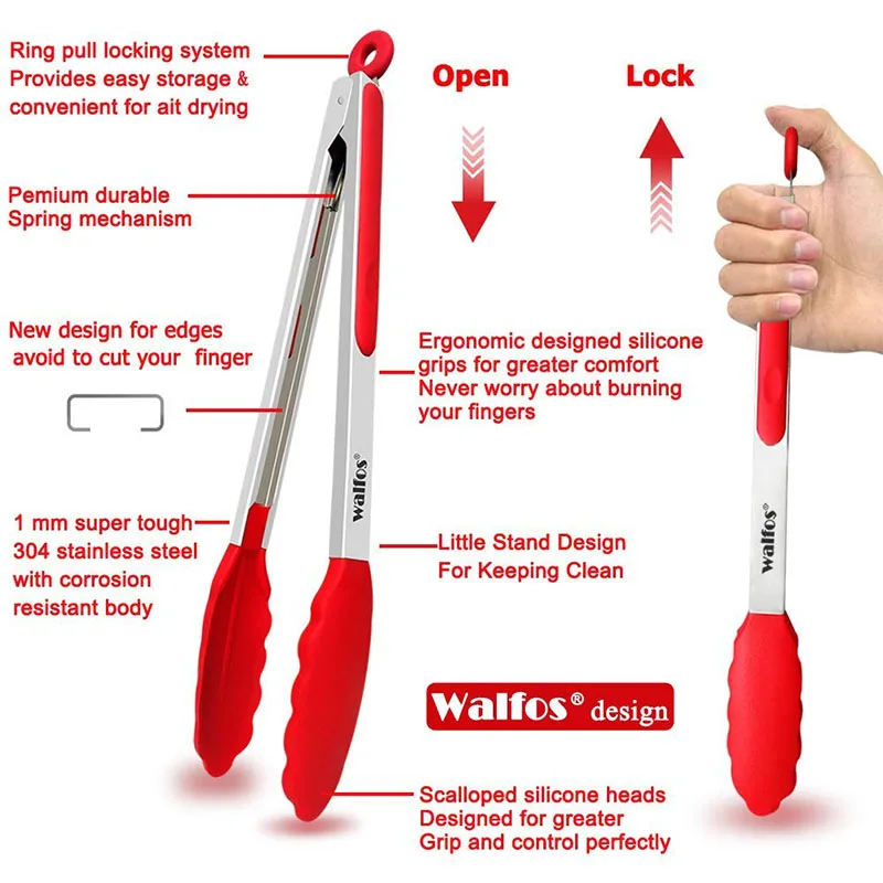 WALFOS Food Grade 100% Non Stick Silicone Tongs Kitchen Tongs Utensil Cooking Tong Clip Clamp Accessories Salad Serving BBQ Tool food tongs