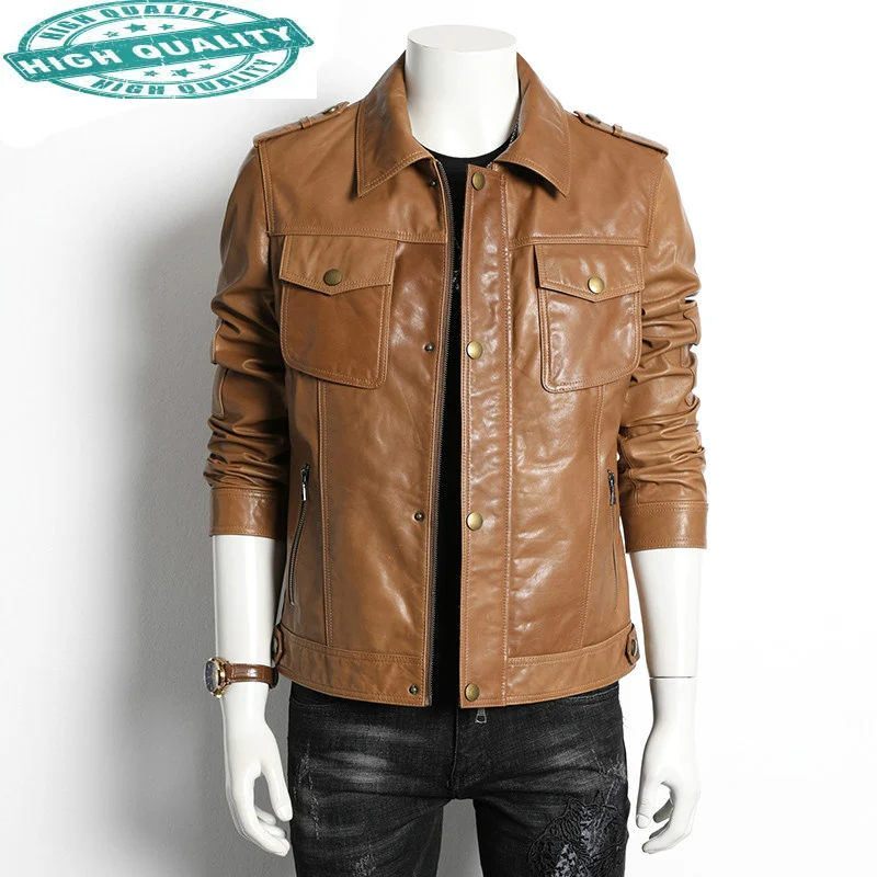 Genuine Men's 100% Real Cow Leather Coat Spring Autumn Vintage Biker Motorcycle Jacket Slim 2435 KJ4021 | Мужская одежда