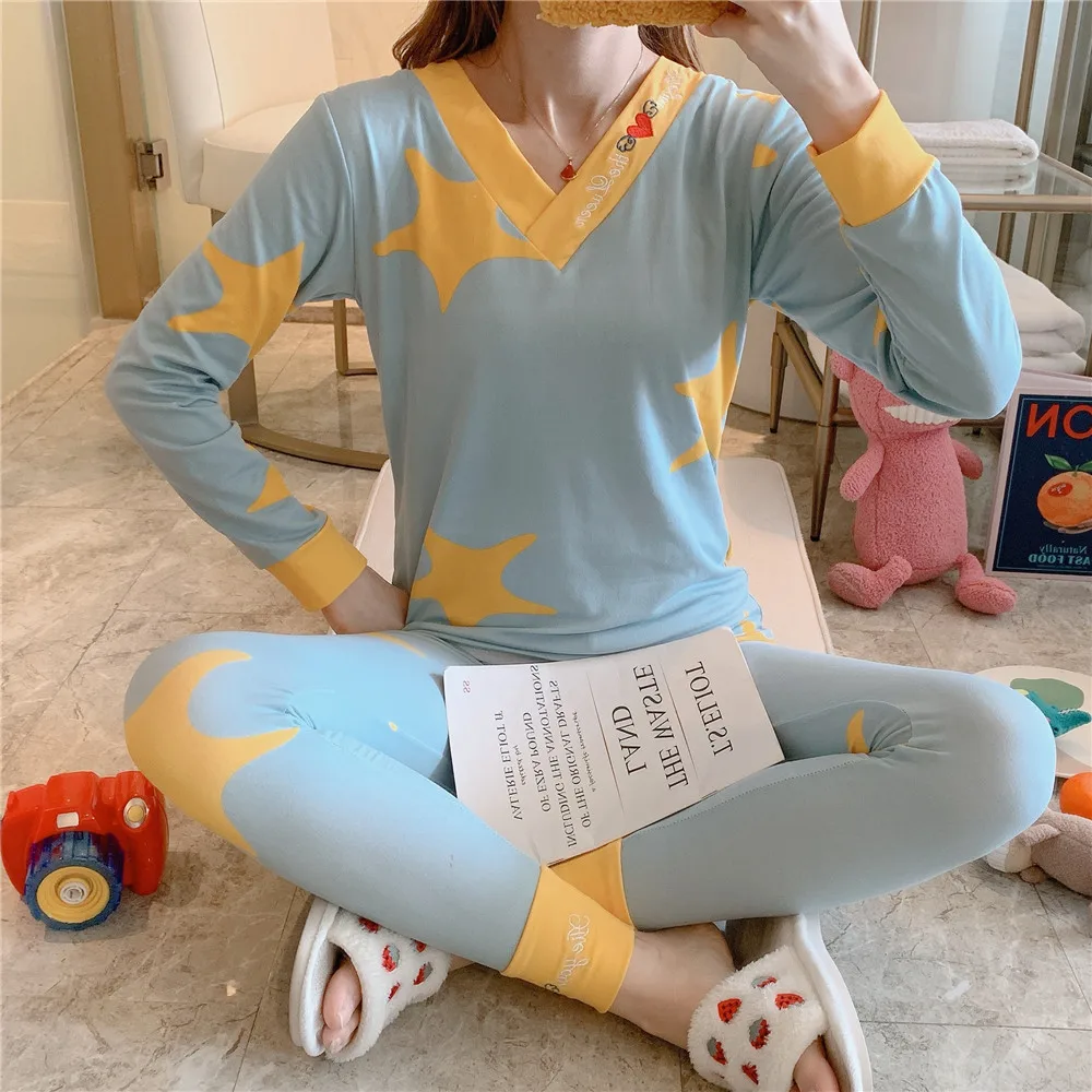 

[JS # V-neck Collection] Wechat Business Hot Selling Little Fairy INS Sweet Thermal Clothes Pajamas Tracksuit Two-Piece Set