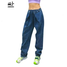 AIMENUNU/женские джинсовые брюки с высокой талией и карманами, широкие женские джинсы, осень, уличная одежда, большой размер, модная новинка