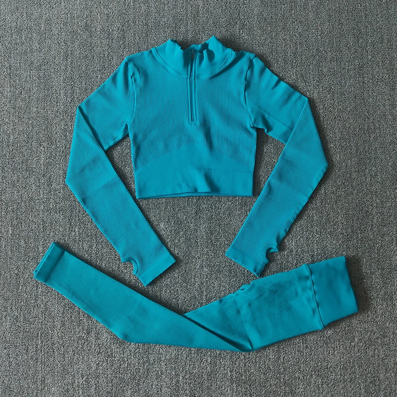 Seamless Women Yoga Set Workout Sportswear Gym Clothing Zipper Long Sleeve High Waist Leggings Fitness Bra Athletic Sports Suits