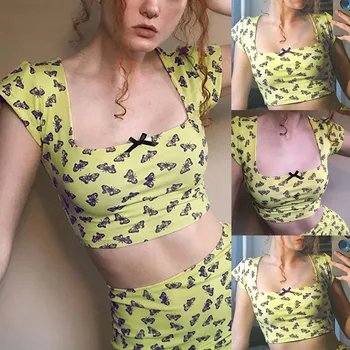 

Sexy Women Blouse Square Collar Butterfly Print Short Bow Fashion Sexy Blouse Tops T-shirt Women Summer Elegant Blouse*3