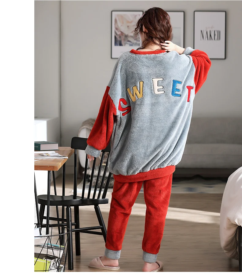Large pyjamas autumn and winter women's lovely coral velvet thickened fat sister 100kg loose maternity home clothes set