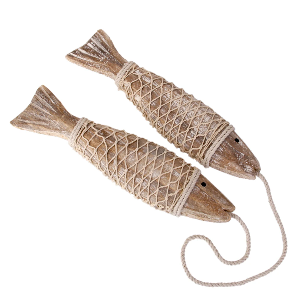 2x Wooden Fish Hanging Decor Nautical Rustic Vintage Shabby Chic Bathroom S