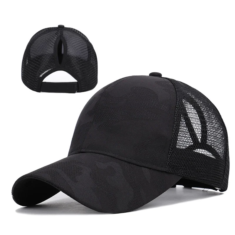 

Ponytail Baseball Cap for Women's Adjustable Vintage Trucker Distressed High Mesh Messy Bun Velcro Ponycap