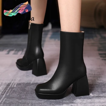 

DORATASIA Women High Hoof Heels Party Ankle Shoes Genuine Leather Platform Boots Women Concise Brand Solid Color Boots